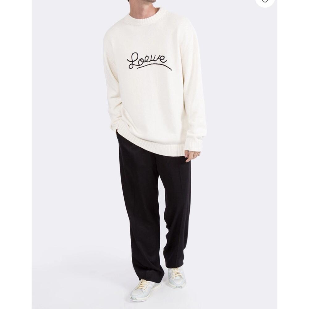 LOEWE Logo Sweater Men M Ivory Cream Knit Cotton Made Italy Luxury